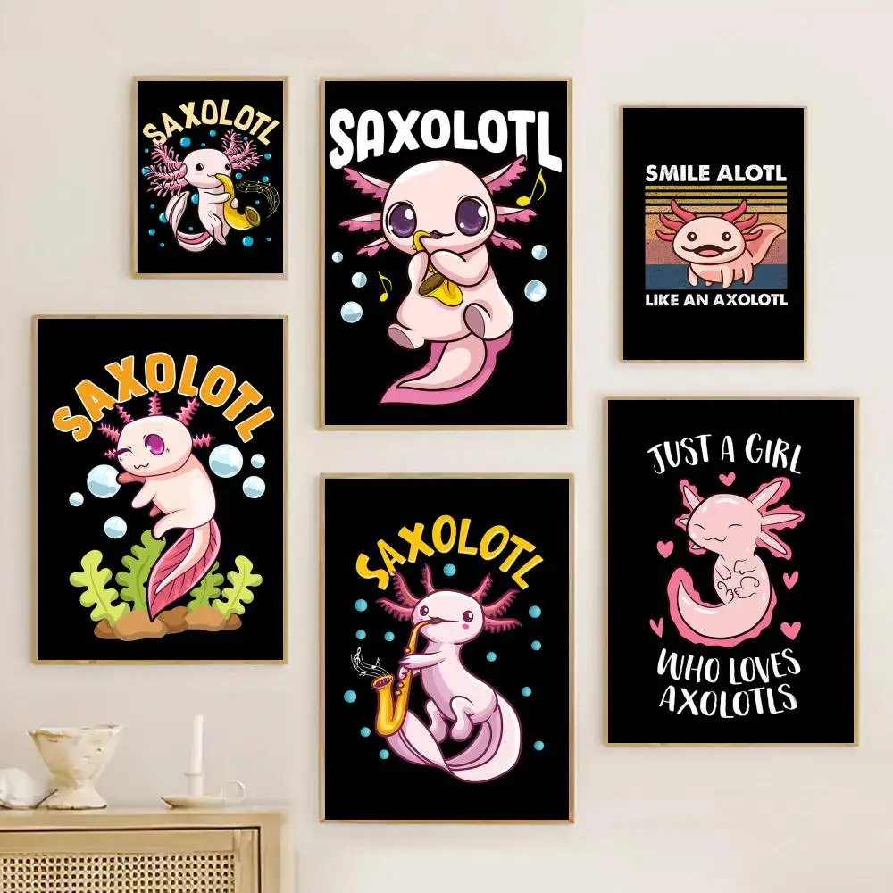 Cute Axolotl Art Poster Retro Print Poster Paper Waterproof High Quality Sticker Home Living Room Bar Wall Decoration