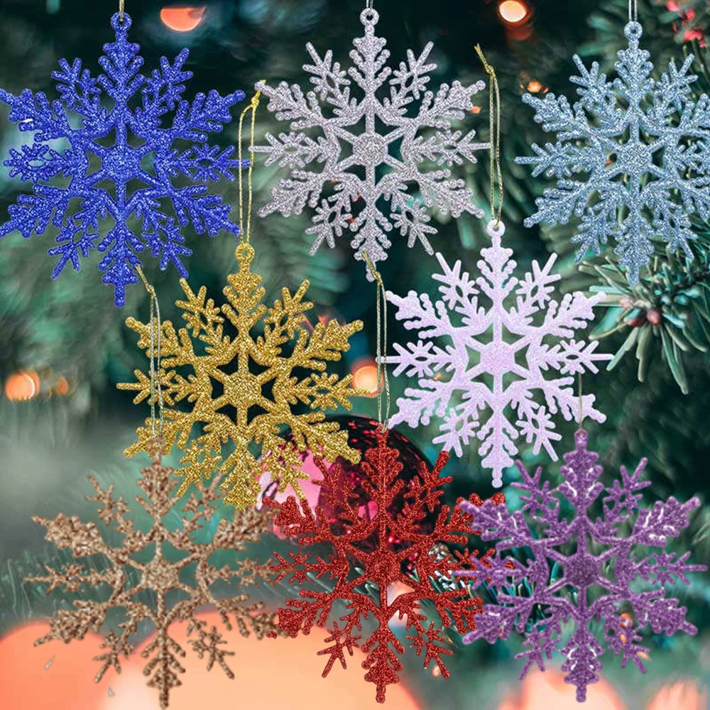 12 قطعة من حلي ندفة الثلج لعيد الميلاد، رقائق الثلج البلاستيكية اللامعة، قلادة شجرة عيد الميلاد، رقاقات الثلج لشجرة عيد الميلاد