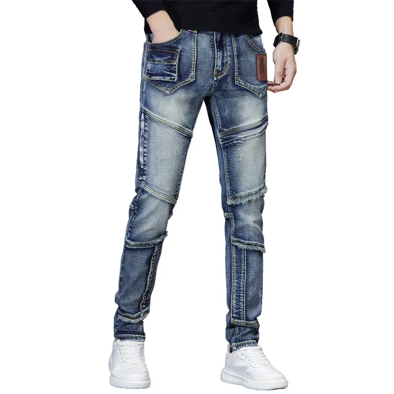 Trendy Brand New Men'S Jeans Fashionable Personalized Retro Embroidery Splicing High-End Nostalgic Trend Straight Leg Denim Pant