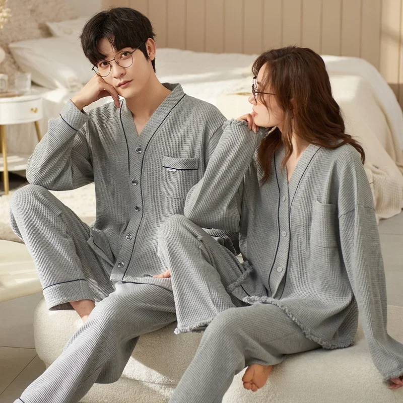 ฤดูใบไม้ร่วงคู่ Pijamas ชุดสําหรับผู้ชายผู้หญิงผ้าฝ้ายกิโมโน Homewear Man Pjs หญิง Pijamas ชุดนอนเสื้อผ้า Drop Ship