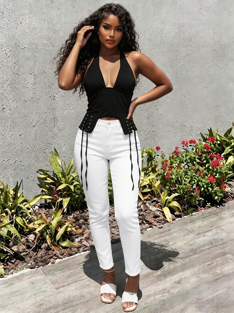 

Kliou Sexy Irregular Shape Tank Tops Woman Halter Low-Neck Backless Cross Bandage Tassel Decoration High Street Fashion Vests