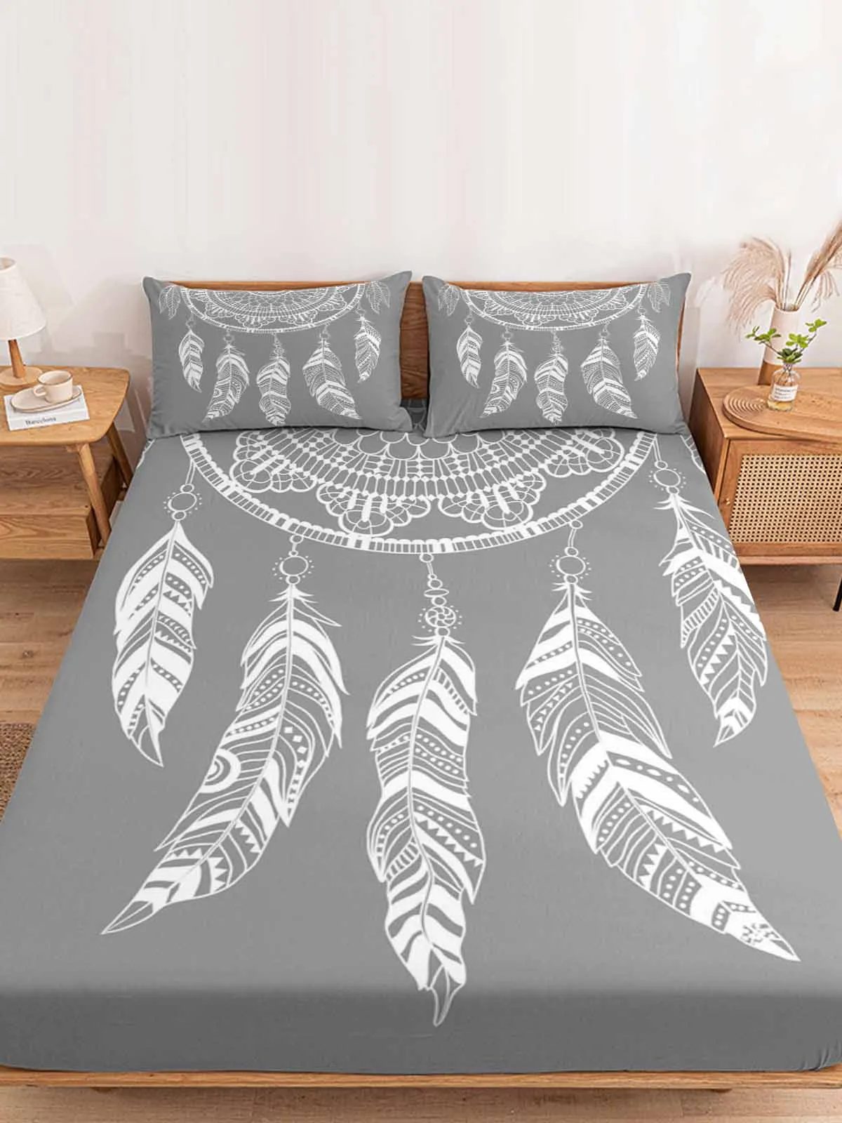 Dream Catcher Grey Retro Art Queen Size Bed Mattress Fitted sheet Elastic Rubber Band Non-slip Bed Sheet Pillowcase Set