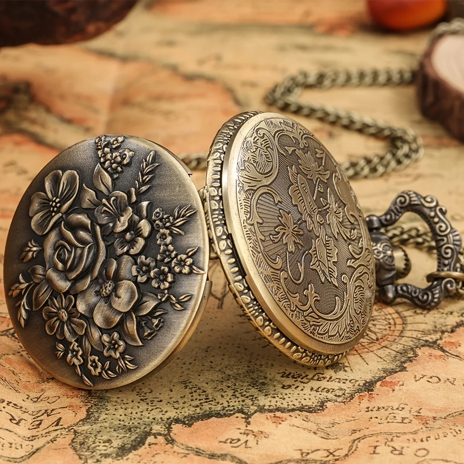 

1pc Elegant Bronze Bloom Rose Flower Petal Pendant Quartz Pocket Watch for Women - Perfect Gift Idea