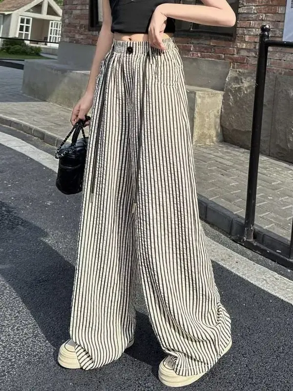 Girls' Summer Thin Wide Leg Pants Striped Straight Casual Fashionable Trendy Elastic Waist Polyester Fiber Long Pants