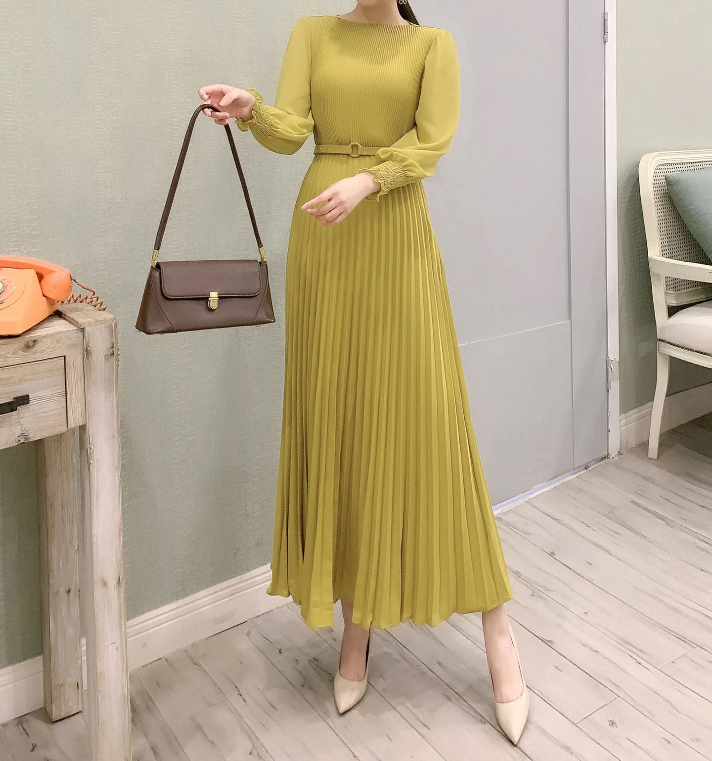 Pleated Dress Women Long Dresses A Line Round Neck Long Sleeve Party Maxi High Waist Belt Slim Sexy Elegant Splice Vestidos 2024