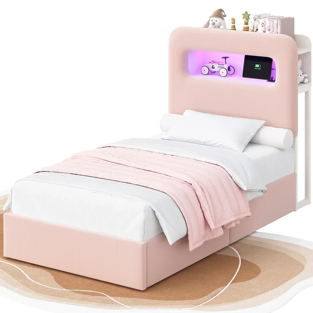 

Modern Velvet Upholstered Platform Bed Frame with USB Ports & Outlets, Twin Size LED Bed with 2 Drawers & Storage Headboard