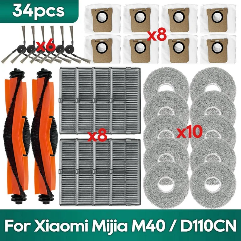 For Xiaomi Mijia M40 / D110CN Vacuum Cleaner Accessories Main Brush Filter Mop Cloth Dust Bag Replacement Parts