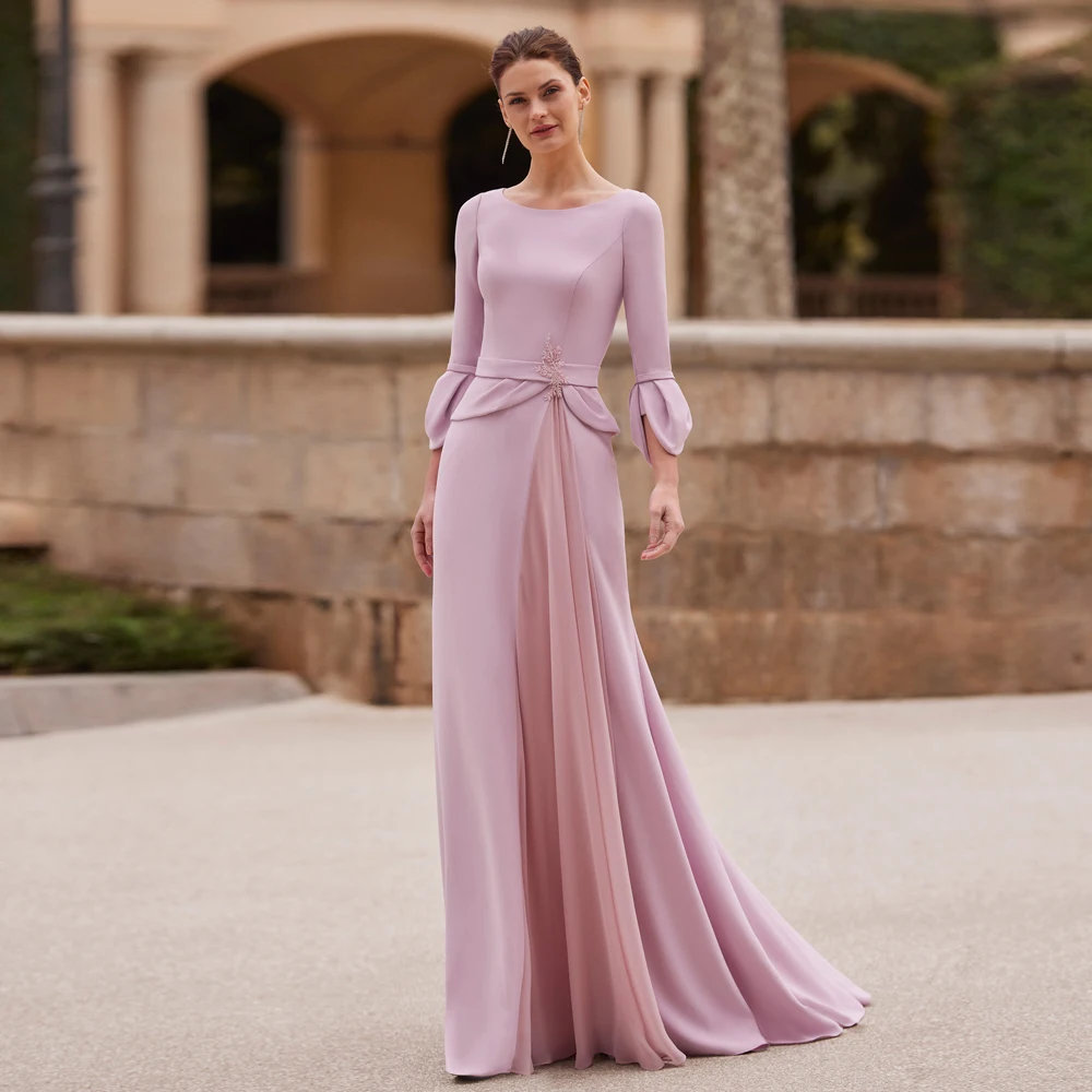 

Elegant Mother of the Bride Dresses O Neck Long Sleeves Wedding Party Gowns Beading Pleat Floor Length Mermaid فساتين السهرة