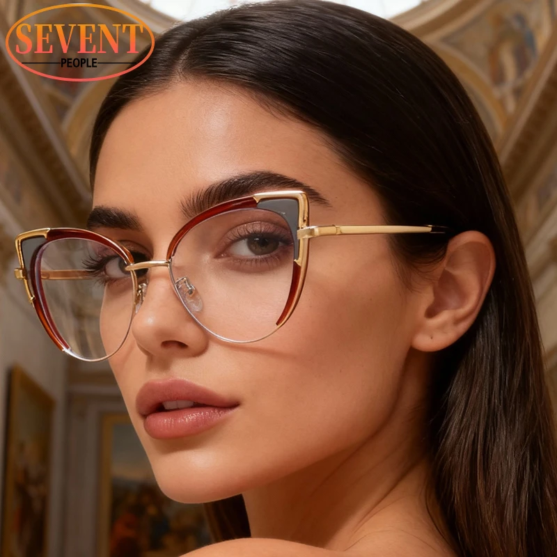 

Sexy Cat Eye Anti Blue Light Change Color Glasses Women 2025 Luxury Brand Rimless Photochromic Sunglasses Computer Eyeglasses