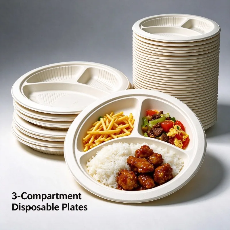 50PCS 3‑Compartment Disposable Plates Perfect Leak-Proof & Shatter-Resistant for Office Camping and Meal Prep