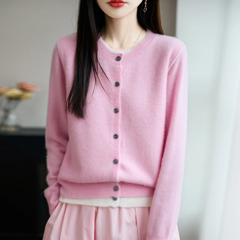 

Женская одежда из 100% мериносовой шерсти: новый вязаный кардиган на весну, осень, зиму, повседневный, с круглым вырезом, имитация двухслойного дизайна, модный топ