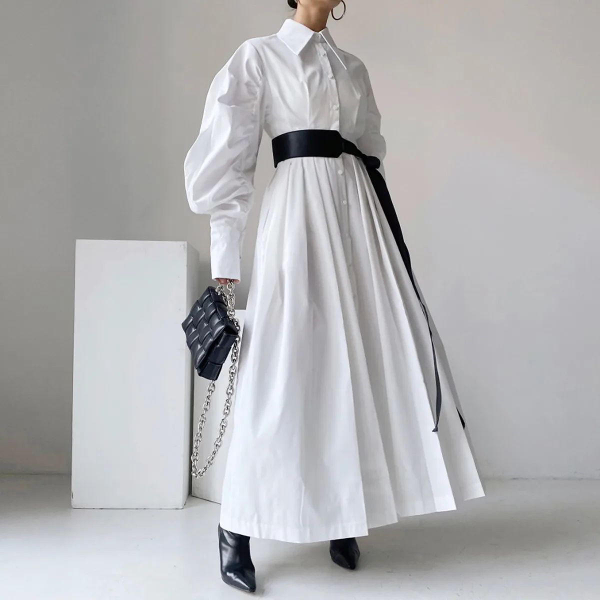 KWTX 2025 여성 빈티지 우아한 셔츠 드레스 긴 퍼프 소매 라펠 벨트 솔리드 컬러 시크 편안한 프리미엄 품질 가을