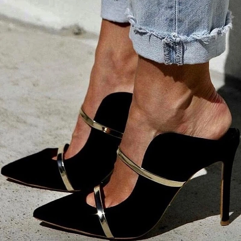الذهب حزام أشار تو عالية الكعب البغال أسود أخضر وردي الساتان أشار تو الانزلاق على النساء الصنادل الحديثة مأدبة فستان الأحذية