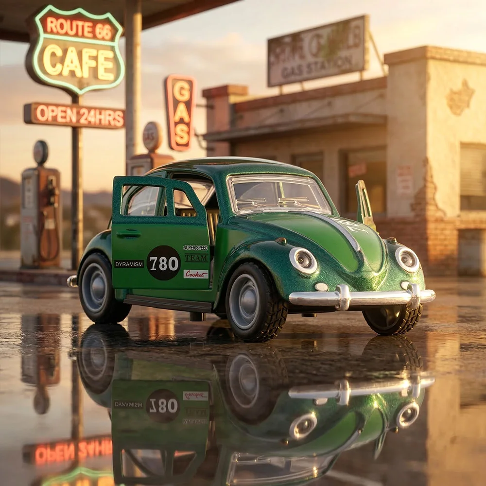 Classic Diecast Beetle Model Car, 11.5cm Green Pull-Back Toy with Openable Doors, Collectible Retro Vehicle Gift for Kids Adults image 3