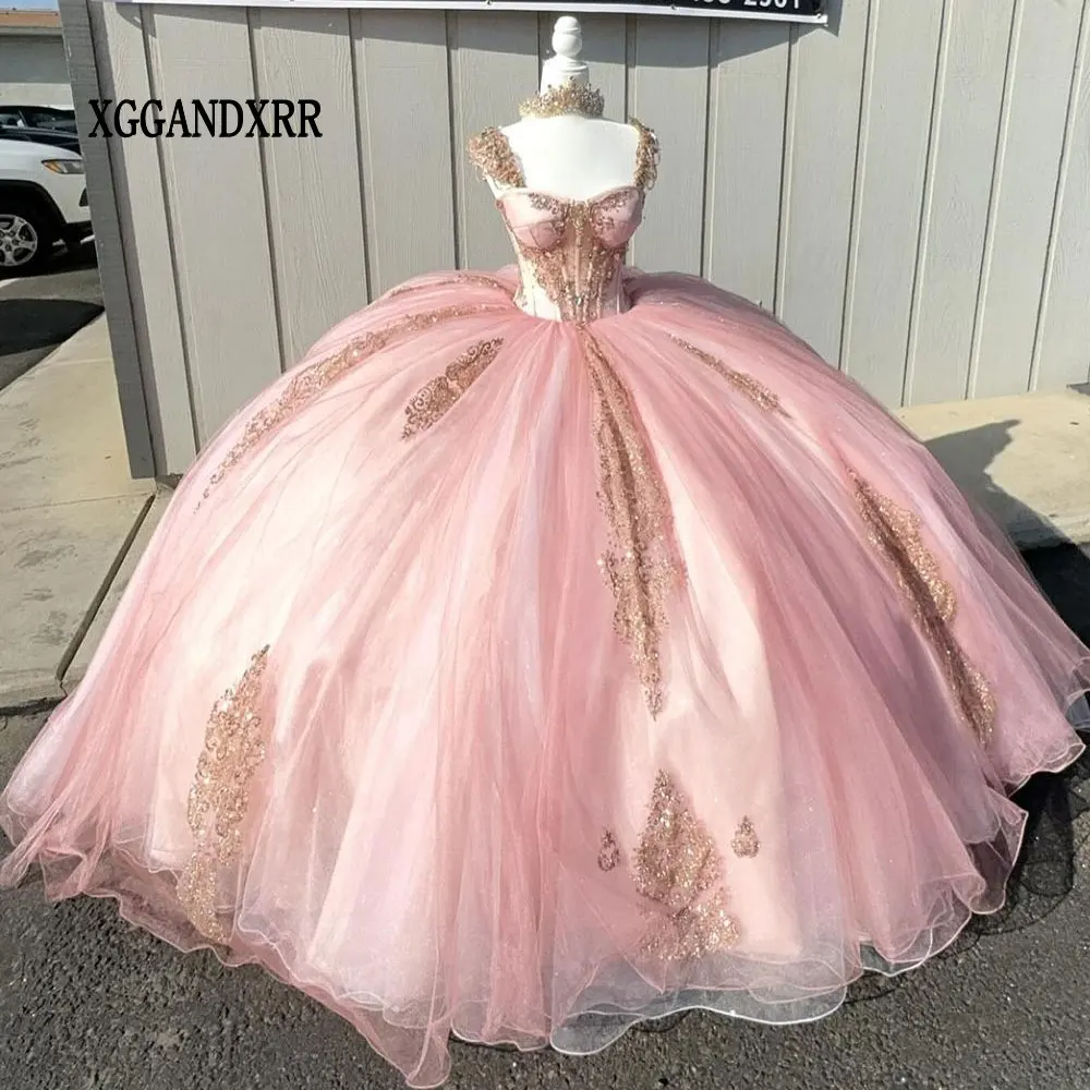 

Элегантное розовое мексиканское платье Quinceanera с открытыми плечами 2024 бальное платье для выпускного вечера блестящее платье с аппликацией платье для XV лет милый 15 16