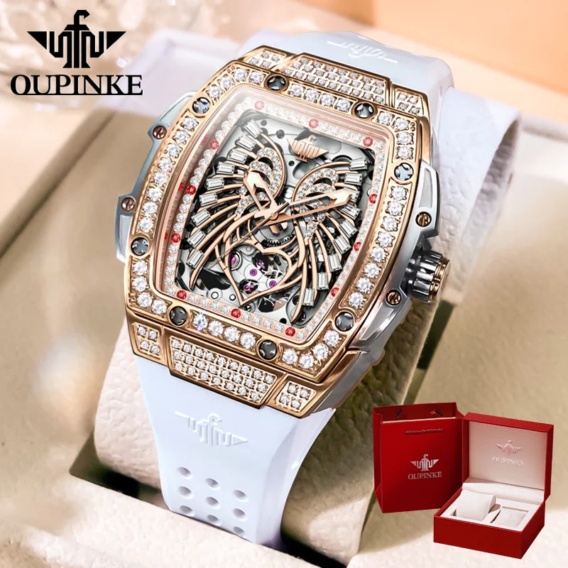 

OUPINKE 3225 Women's Watch Luxury Brand All Diamond Automatic Mechanical Watch Classic Silicone Waterproof Elegant Women's Watch