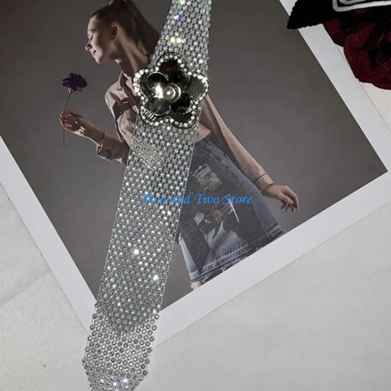 HX6F Elegant Rhinestones Flower Necktie Adjustable Uniform Ties For Prom Wear Elastic Strap For Banquets Business Meetings