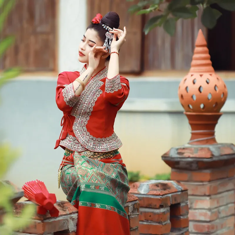 

2024 thailand clothing classical red wedding dress southeast asian style thai traditional women festival travel vintage dress