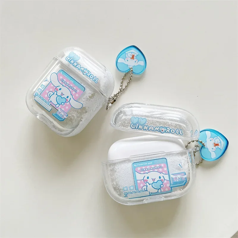 For Airpods 4 Case 2024,Sanrio Cinnamoroll Glitter Liquid Quicksand Hard PC Earphone Cover For Airpod 4 Case/Airpods Pro 2 Case