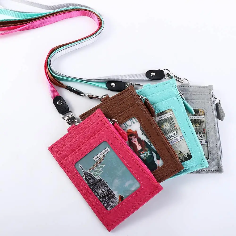 Leather Student Business Office School Supplies Mini Wallet ID Card Holder with Lanyard Bus Cards Cover Badge Holder Coin Purse