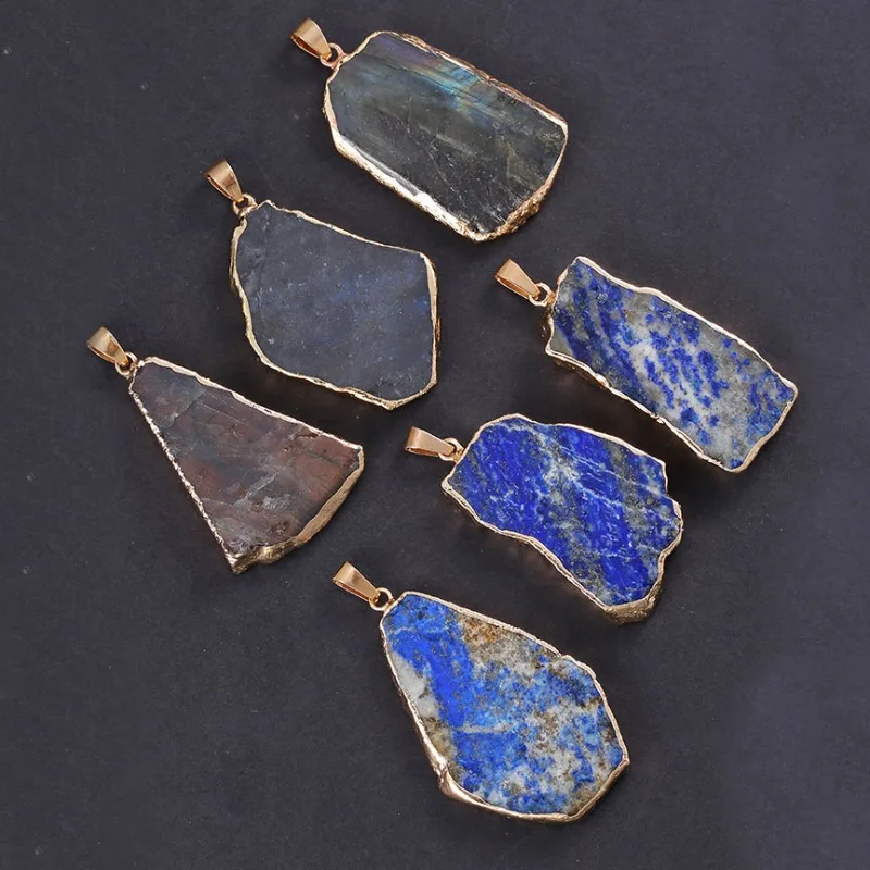 5pcs Irregular Gold Edge Lapis Lazuli Black Moonstone Labradorite Slice Pendant DIY Necklace Jewelry Making Accessories
