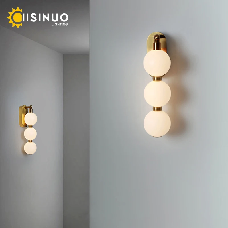 

Modern White Acrylic Ball Wall Light Fixtures Trichromatic Changeable Lighting Gold Metal For Indoor Parlor Bedroom Stairs Aisle