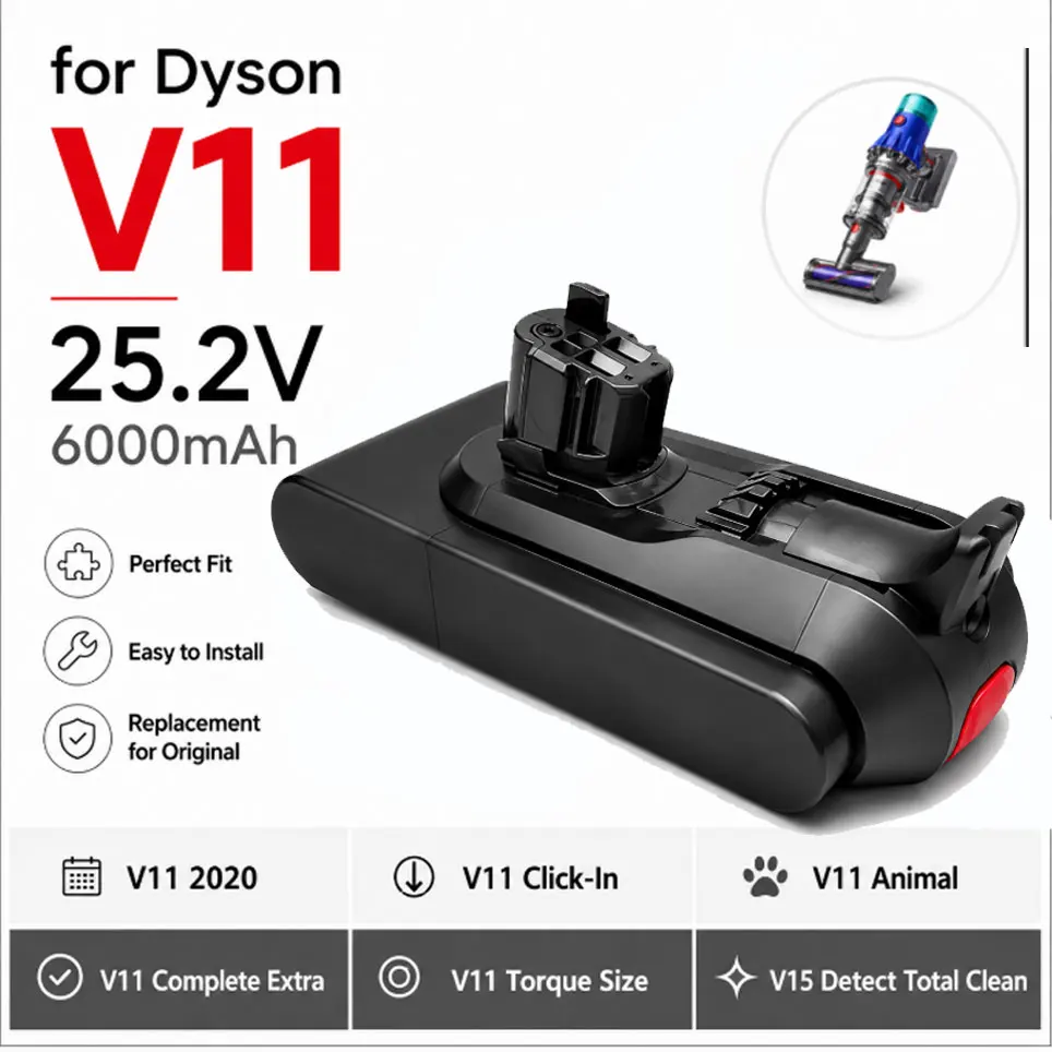 6000mAh für Dyson V11 Akku-Adapter 25,2V Ersatzakku-Zubehör passend für Dyson V11 Click-in Version SV16 SV17 SV22 SV28 SV29 SV47 970938-01 970425-01