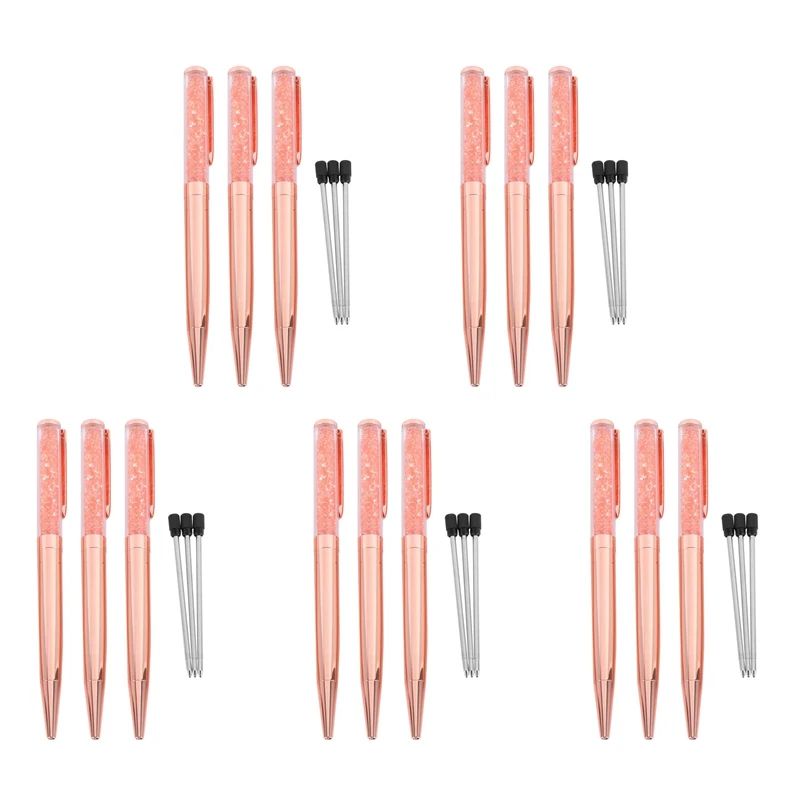 Rose Gold Pen Bling Crystal Ball Point Pen Black Ink Pen With 15 Extra Refills (Rose Gold 15 Pack)