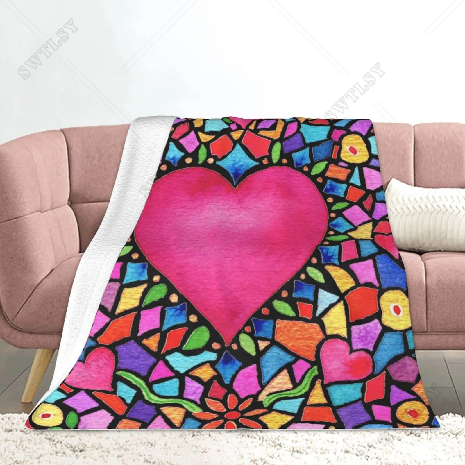 Love Flannel Throw Blanket Heart Shaped Romantic Theme Blanket Warm Soft Lightweight King Queen Size for Couch Sofa Bed Blanket