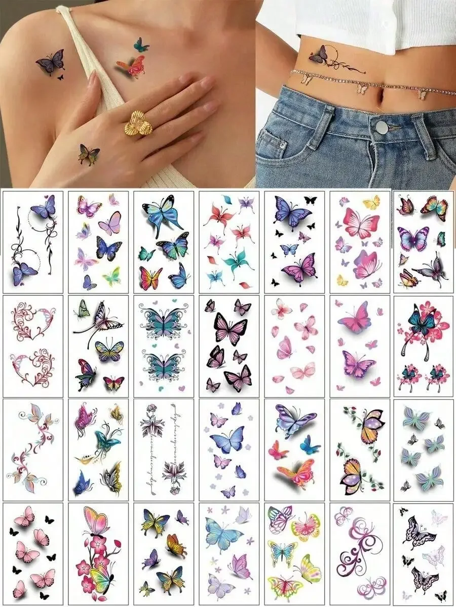 30pcs/Set Waterproof Temporary Tattoo Stickers For Women Girl, Disposable 3D Color Butterfly Rose Flower Feather Fake Tattoo For Wrist, Collarbone, Chest, Lower Leg Body Art Sweatproof