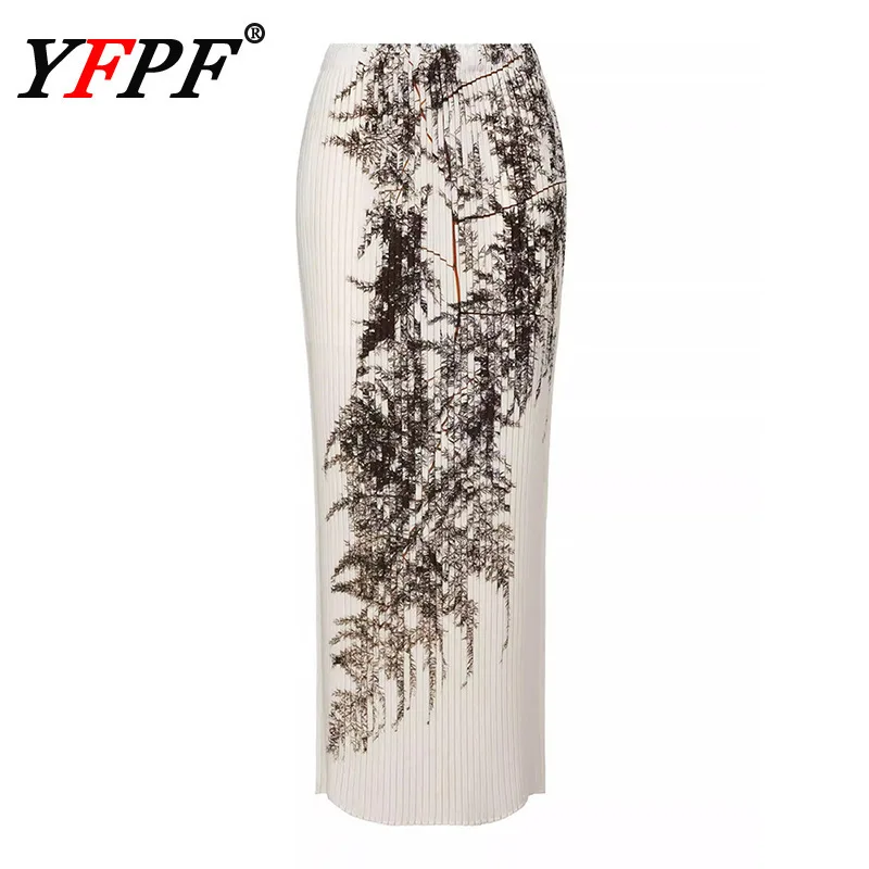 

YFPF Vintage Printing Skirt Women Miyake Pleated High Waist Contrast Color Long Skirts Fashion 2025 New Clothing