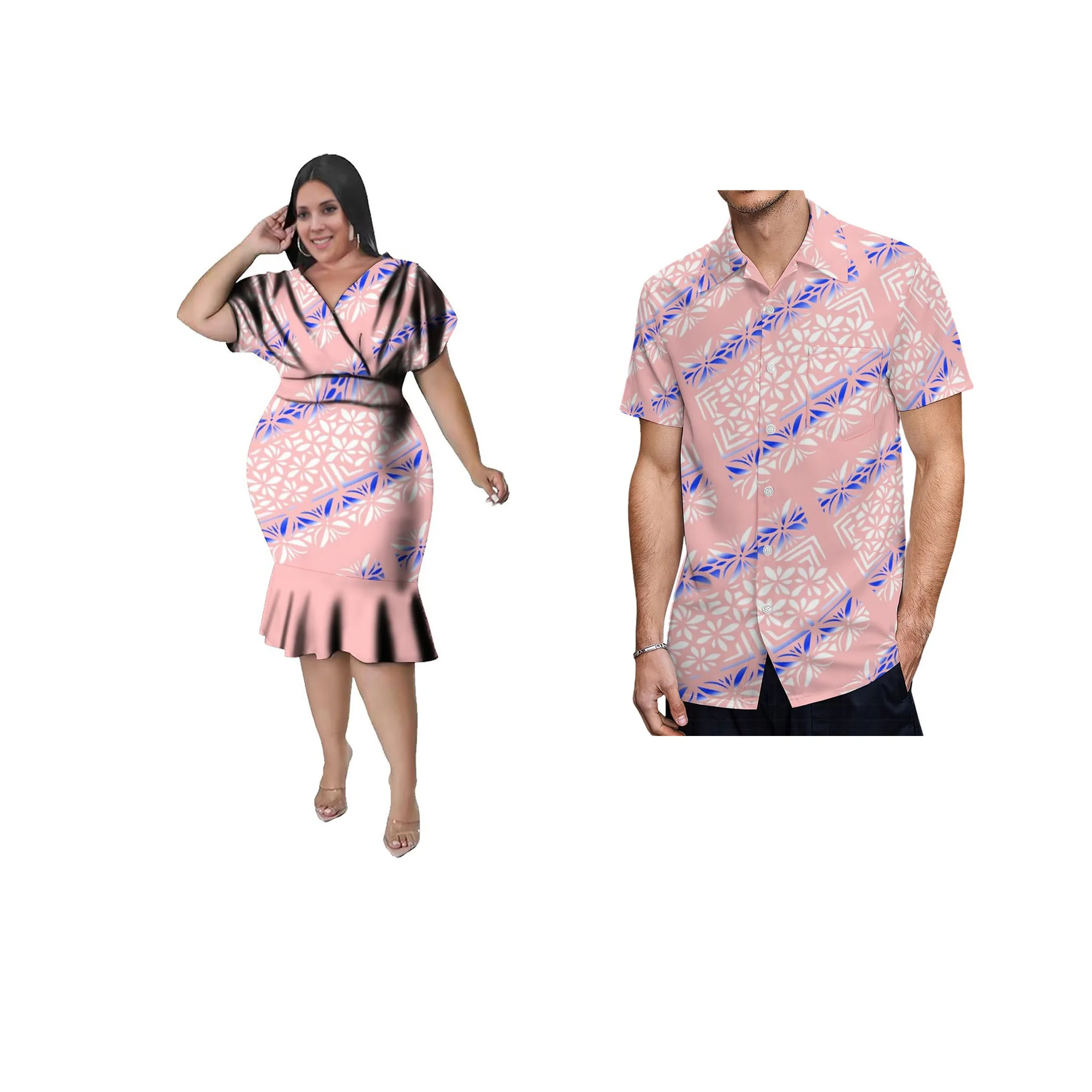 Pink Milk silk Washable Custom Big People Dress Polynesian Samoan Casual Dress Pacific Dress Two Piece Men Shirt Sets Of Couples