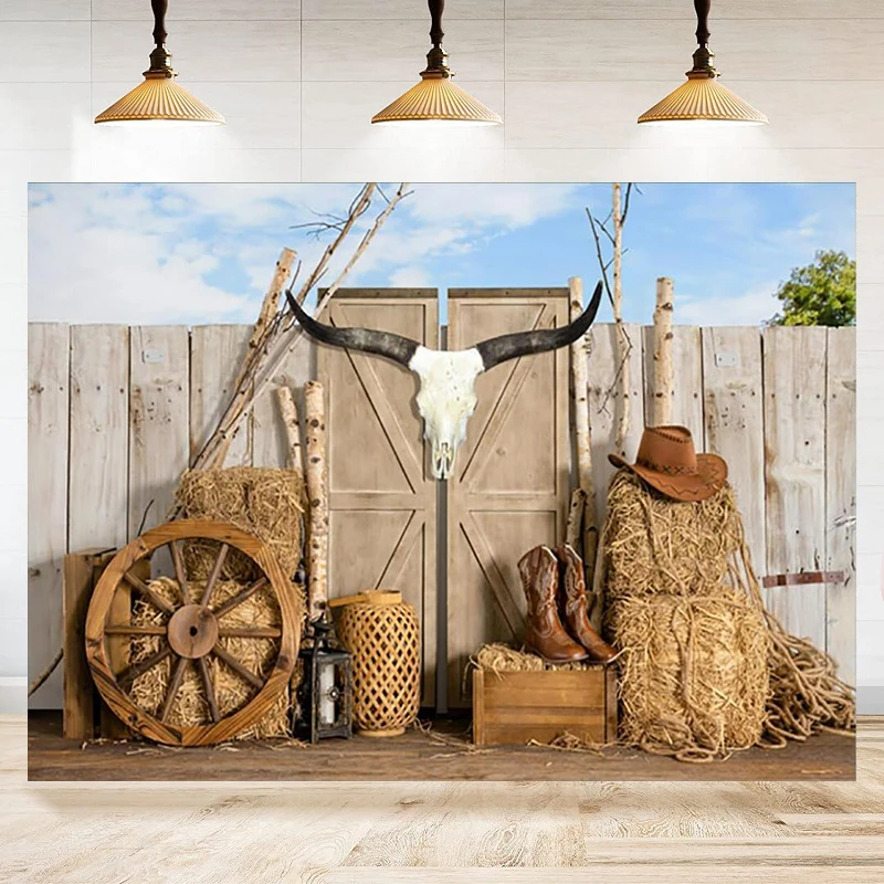 Western Cowboy Photography Backdrop Skeleton Wooden Board Wild West Rodeo Background Birthday Party Decoration Banner