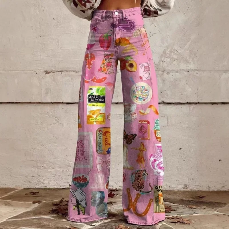 2025 new women's plus size imitation jeans popular 3D printed casual pants wide leg pants flared pants