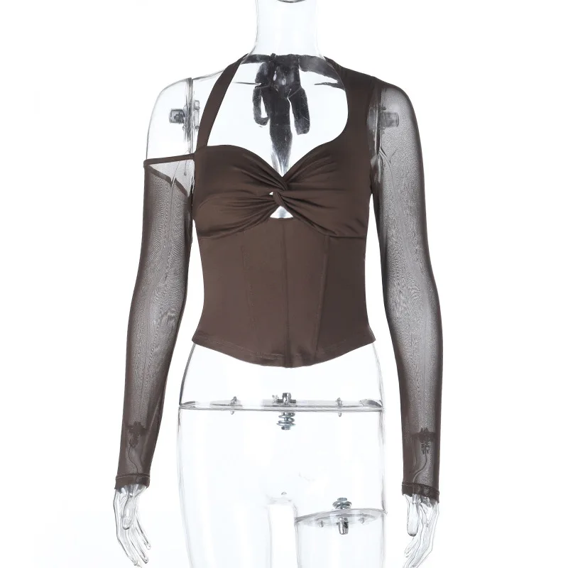 Fashionable Slim Short Style Sexy Perspective Shirt Autumn 2025 Women's European Style Clothing V- Neckline Up Top Wholesale