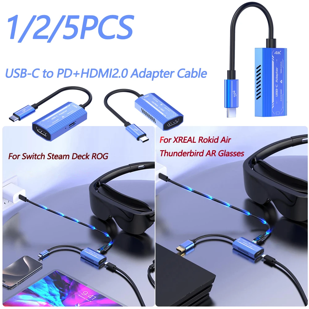 1/2/5PCS USB-C to PD HDMI2.0 Adapter Cable Docking Station for Switch Steam Deck ROG XREAL Rokid Air Thunderbird AR Glasses