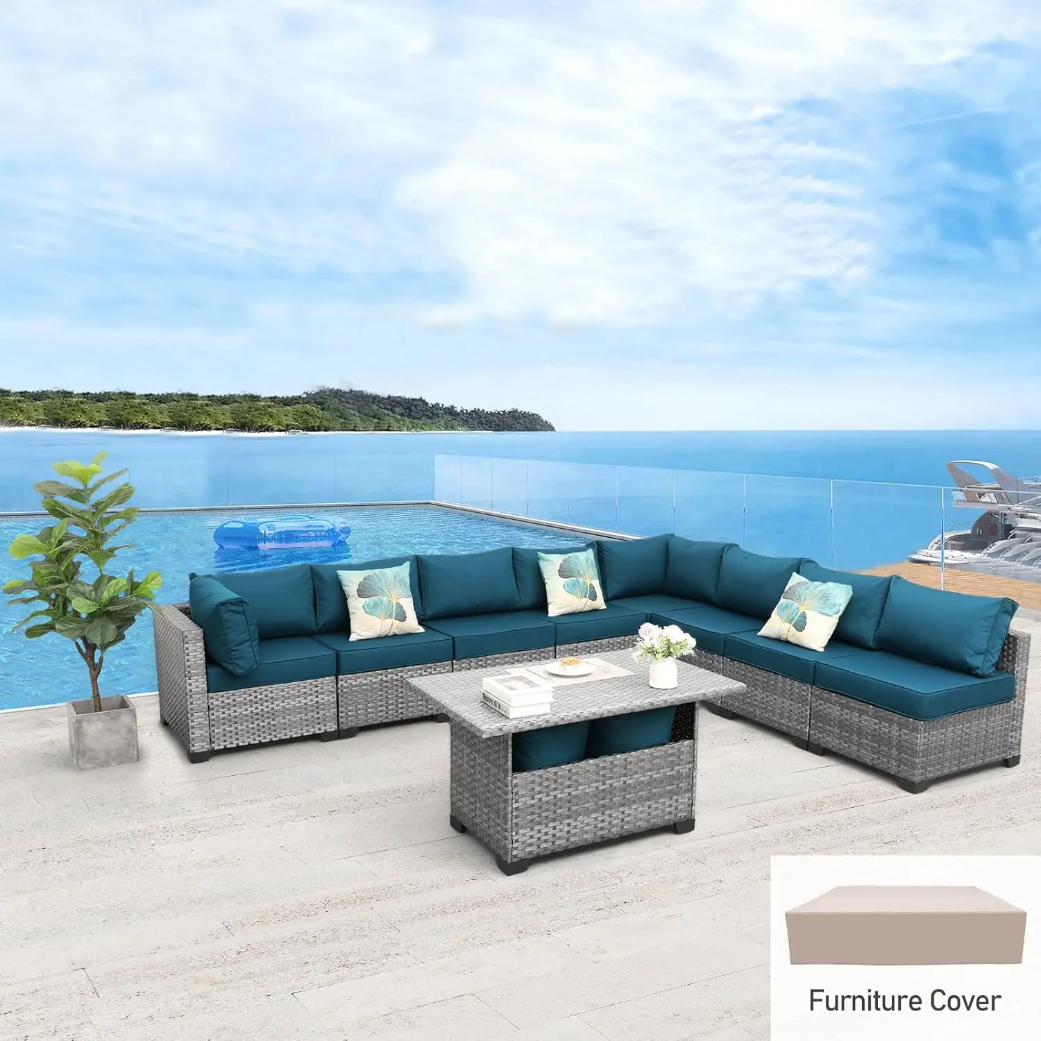 Patio Furniture Sectional Sofa Set 9 Pieces Outdoor Wicker Furniture Couch Large Size Storage Table with Thicken Anti Slip