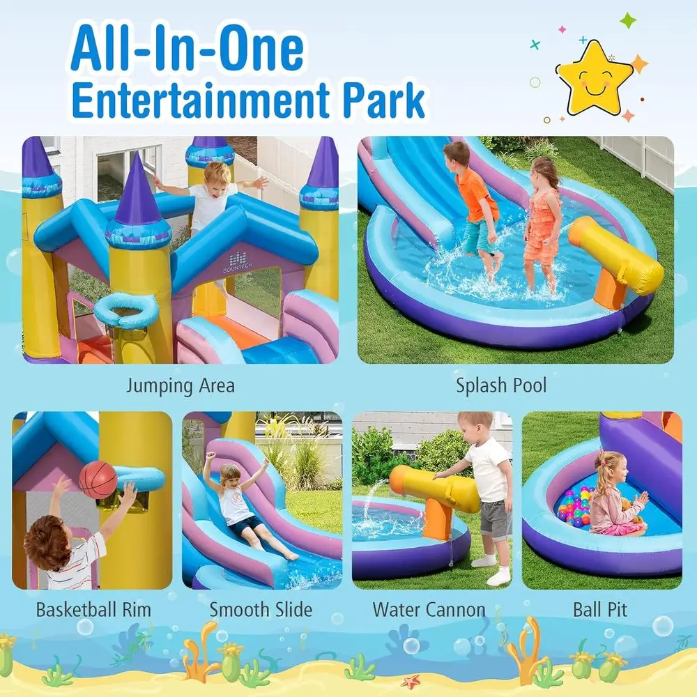 Tobogán de agua Iatable, tobogán de agua 2 en 1 Castle Bounce House con piscina de bolas y piscina contra salpicaduras para diversión al aire libre para niños, Ca hinchable