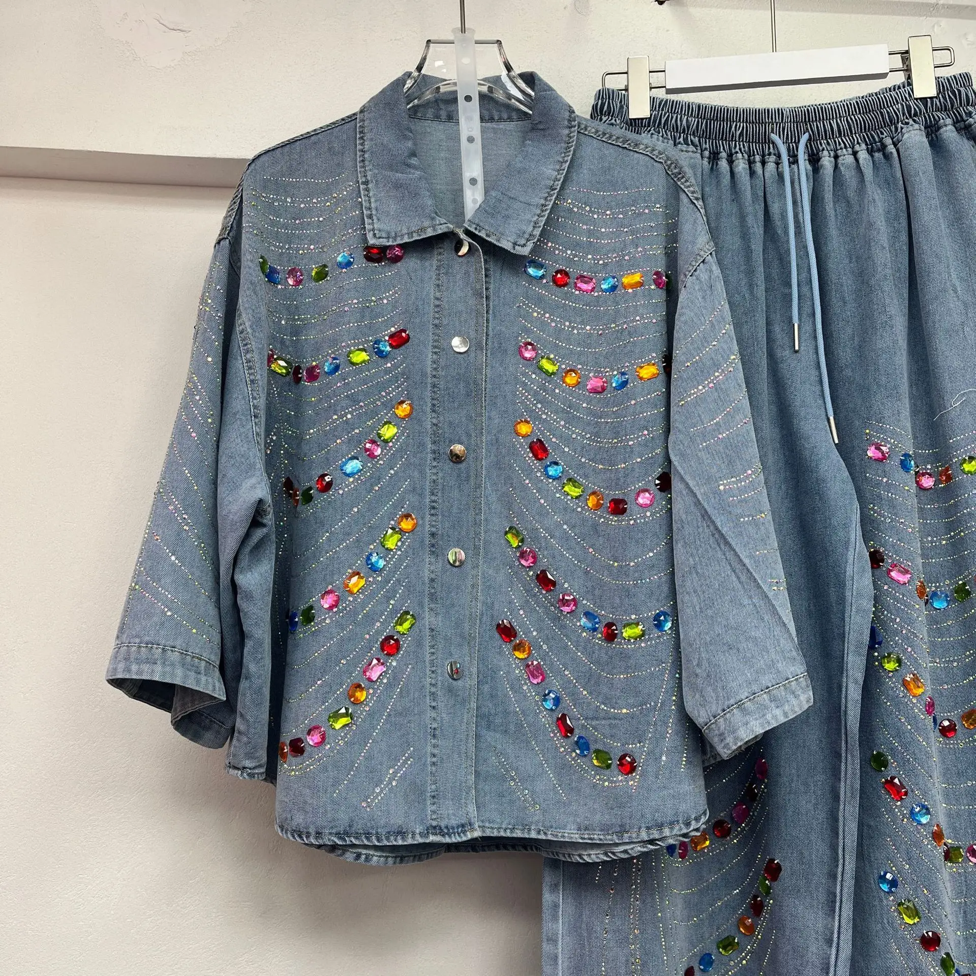 Women Wave Rainbow Diamonds Beaded Denim Shirts Jeans Blouse Drilling Cowboy Rhinestones Cardigan Tops + Elastic Shorts 2Pcs Set