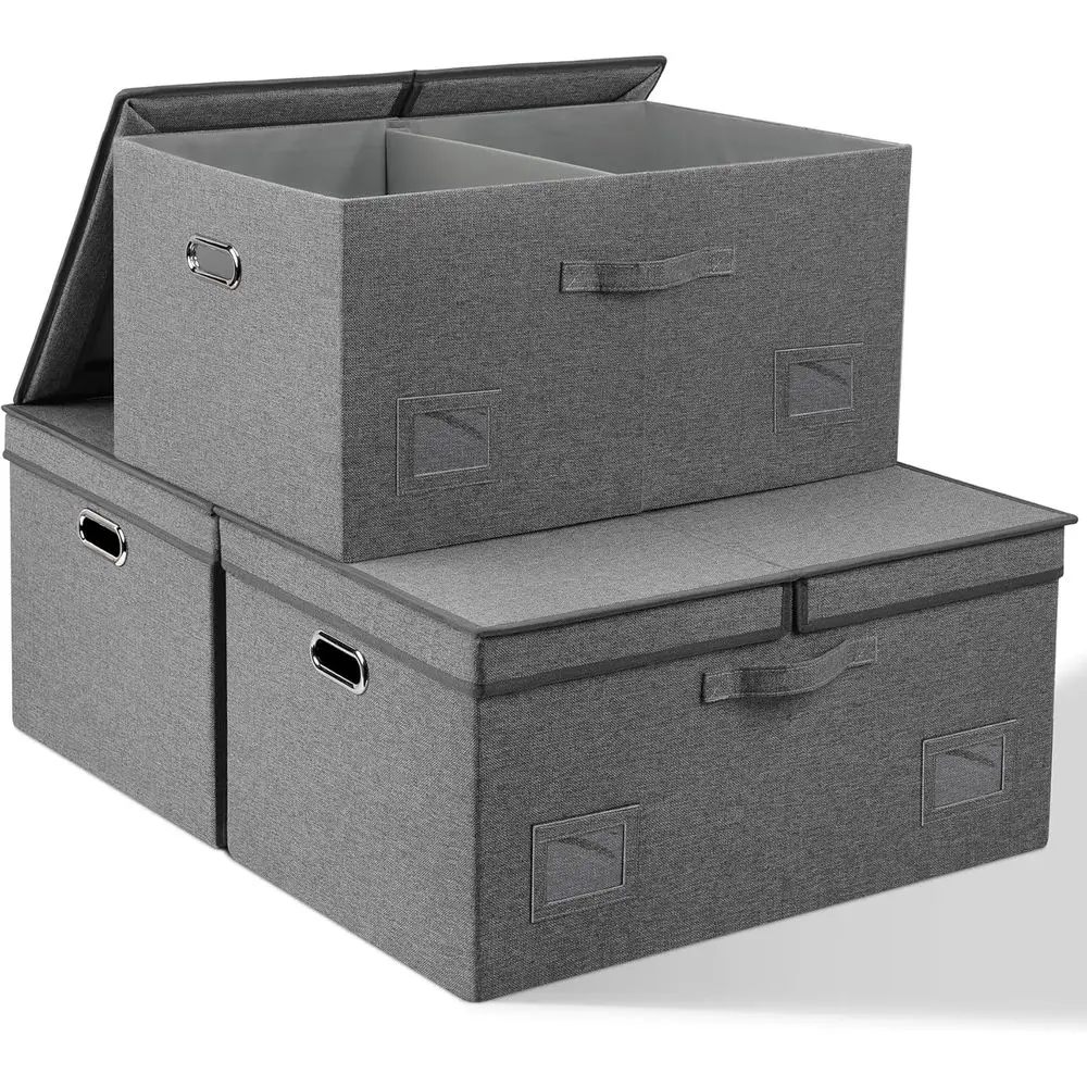 

75-литровые очень большие декоративные контейнеры для хранения с крышками, 3 шт., серые складные контейнеры для хранения с крышками, штабелируемые контейнеры для хранения