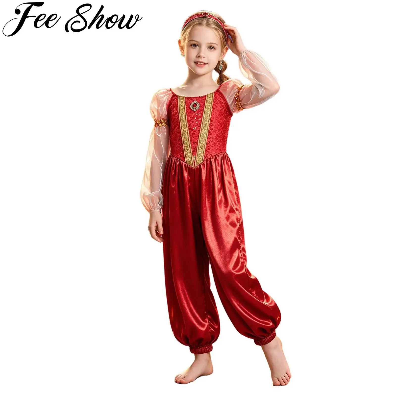 Kids Girls Arabian Princess Costume Belly Dance Jumpsuit Tulle Long Sleeves Sparkly Sequin Satin Bodysuit for Halloween Carnival