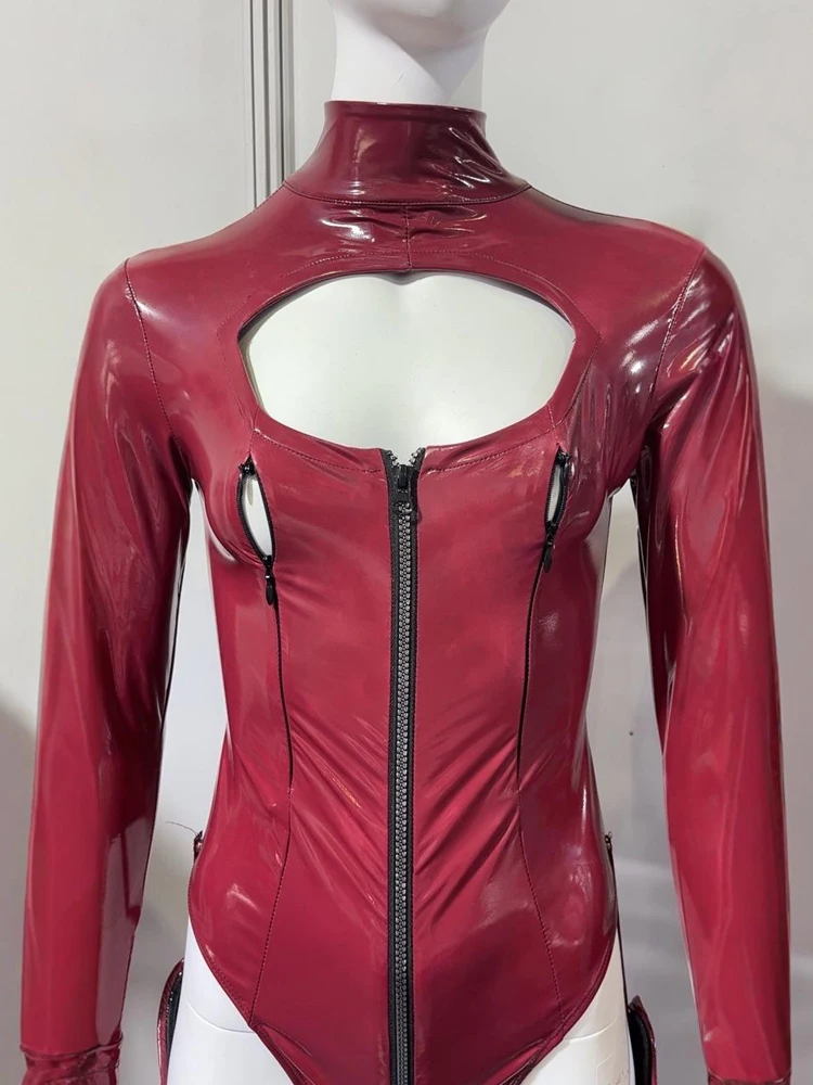 

Faux Latex Leather PVC Bodysuit Nightclub Cosplay Jumpsuit PU Shiny Punk Tights Sexy Breast Zipper Women's Leotard With Stocking