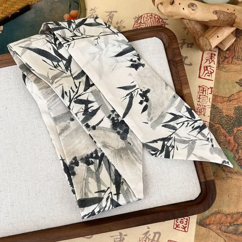 

Elegant Long Ink Painting Silk Scarf Minimalist Style Ribbon Long Silk Scarf Headband Turban Ancient Hair Band Girl