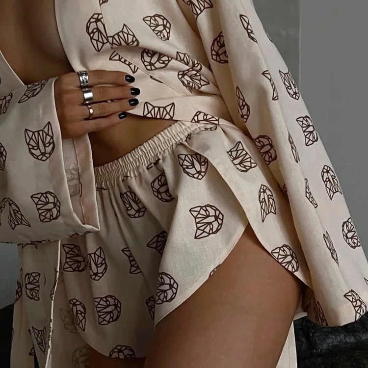 Fashion Loose Print 2 Piece Sets Womens Outfits Casual Long Sleeve Robes With High Waist Shorts Set Homewear for Women