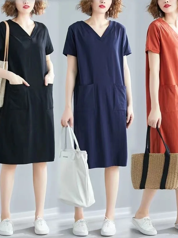 Authentique lâche coréen Sle mi-long été Dr ort Sve T-shirt v-ne Dr pour grande taille femmes décontracté coton