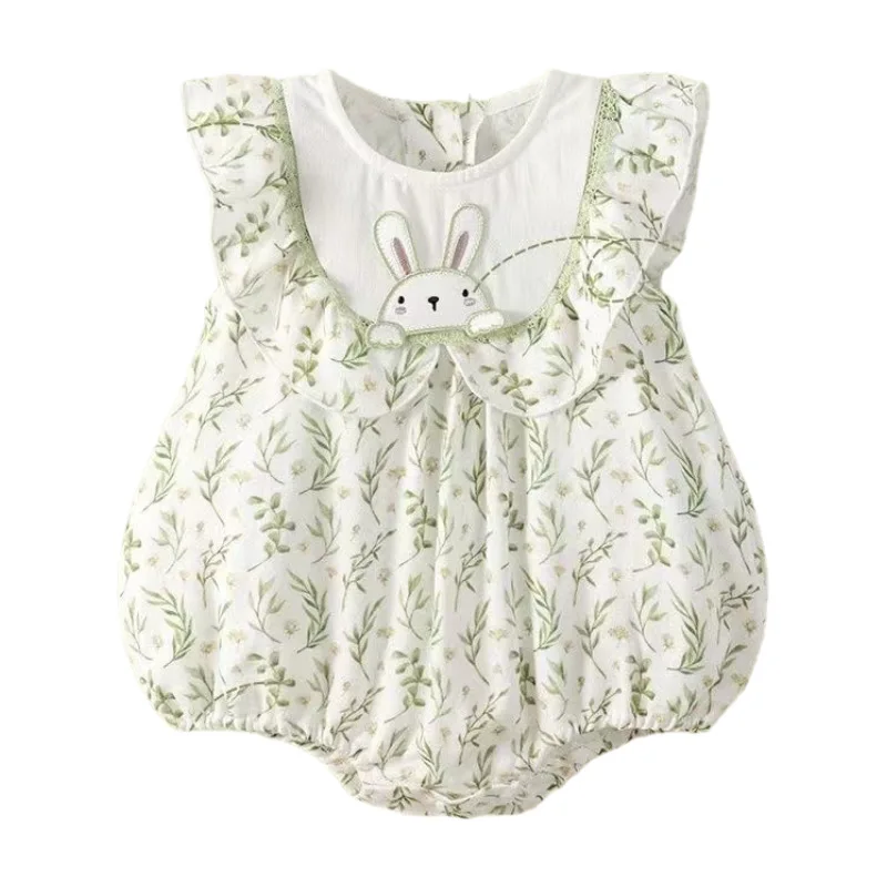 2024 New Baby Girls Summer Clothing Cute Floral Bunny Flare Sleeve Bodysuit for Infant Girls Newborn 100 Days Outwear