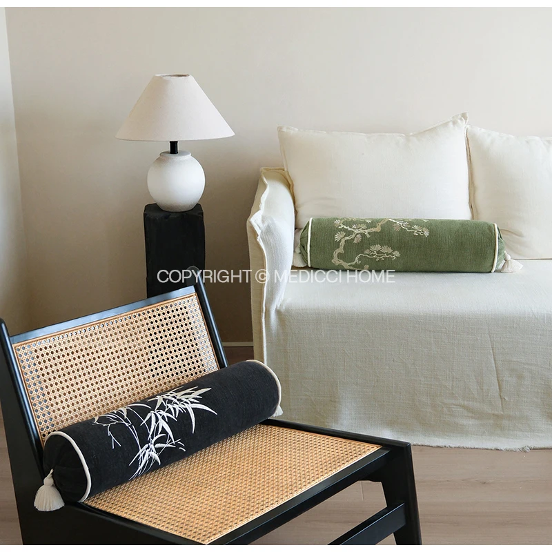 Medicci Home Oriental French Bamboo Leaves Embroidery Bolster Pillow Covers East Culture Luxury Cylindrical Cushion Case 16x57cm