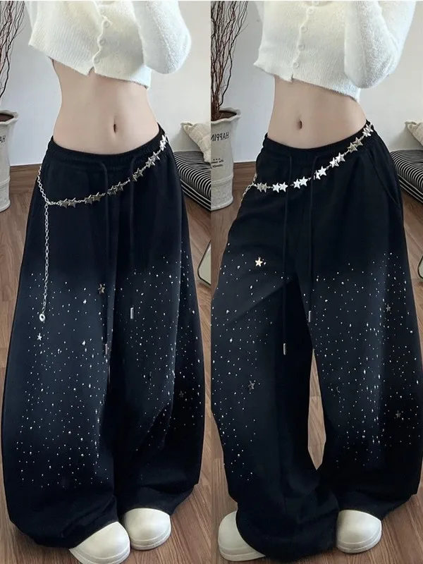 

plus Size Korean Style Gradient Dyed Wide Leg Pants Women's Casual Spring Summer 300 Pounds Fat MM High Waist Shiny Sequin