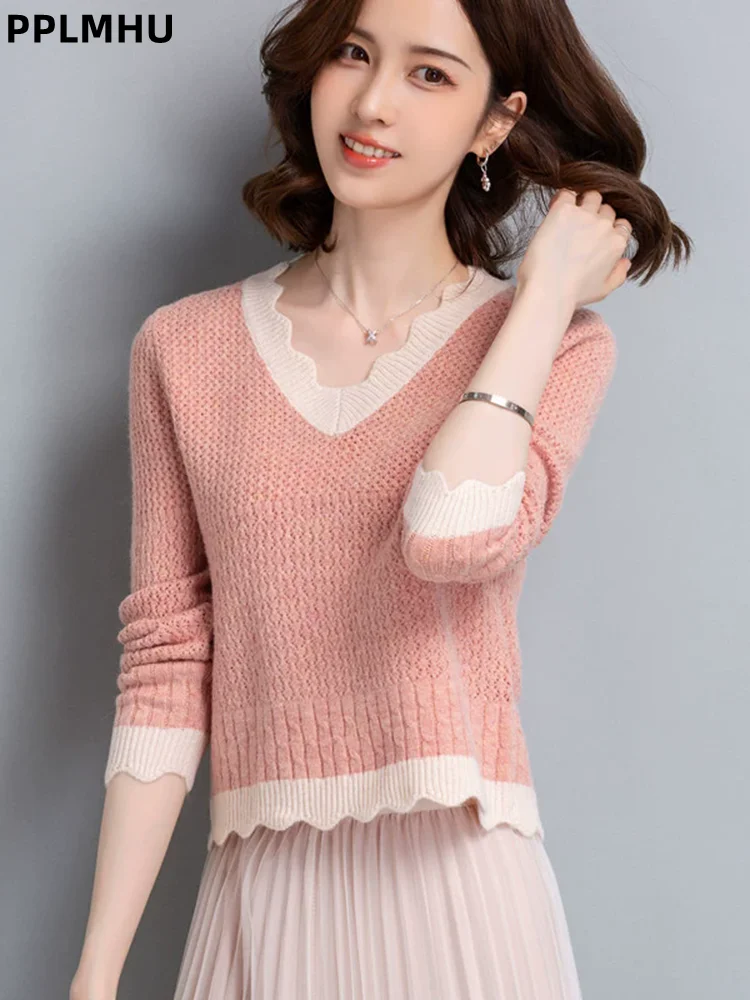 

V-neck Wavy Patchwork Knitted Sweater Women's Casual Baggy Soft Jumpers Short Korean Fashion Top Bottomed Knitwear Pullovers