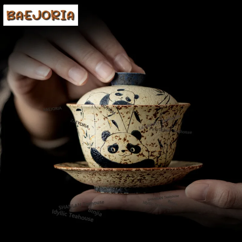 BAEJORIA 110ml Blue And White Firestone Red Panda Bamboo Gaiwan Zen Tea Tureen Tea Bowl With Lid Kit Tea Maker Cover Bowl Gift